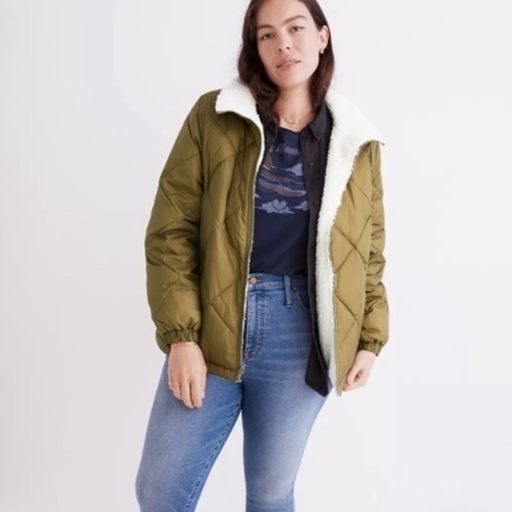 Madewell reversible Sherpa green puffer‎ full zip coat ladies Size XXS EUC